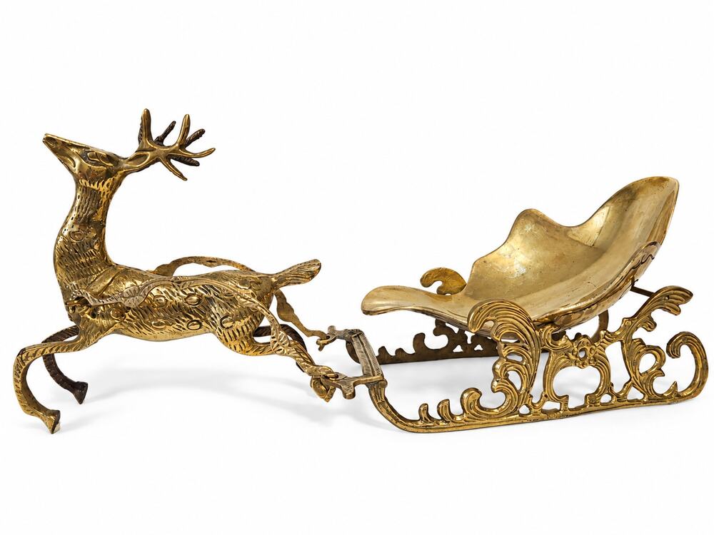 Solid Brass Reindeer Sleigh Christmas Centerpiece Holiday Mantel Decor Vintage